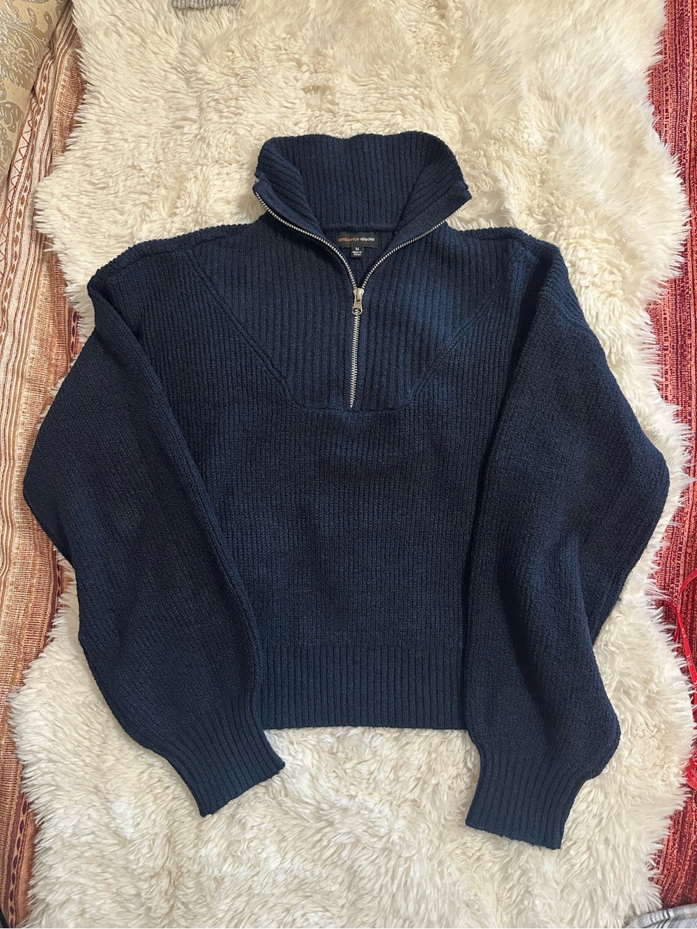 Ambiance Apparel Navy Ribbed Quarter Zip Mock Neck Sweater M - Picture 2 of 9